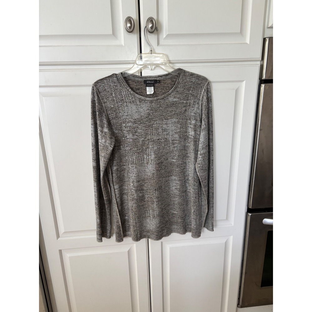Pure Amici Womens Metallic Silver Charcoal Grey Knit Long Sleeve Top Size M USA